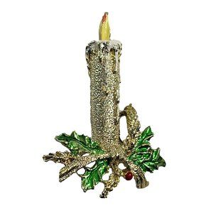Vintage Gerrys Christmas Candle Brooch Pin Holly Sparkle Gold Tone Green Red